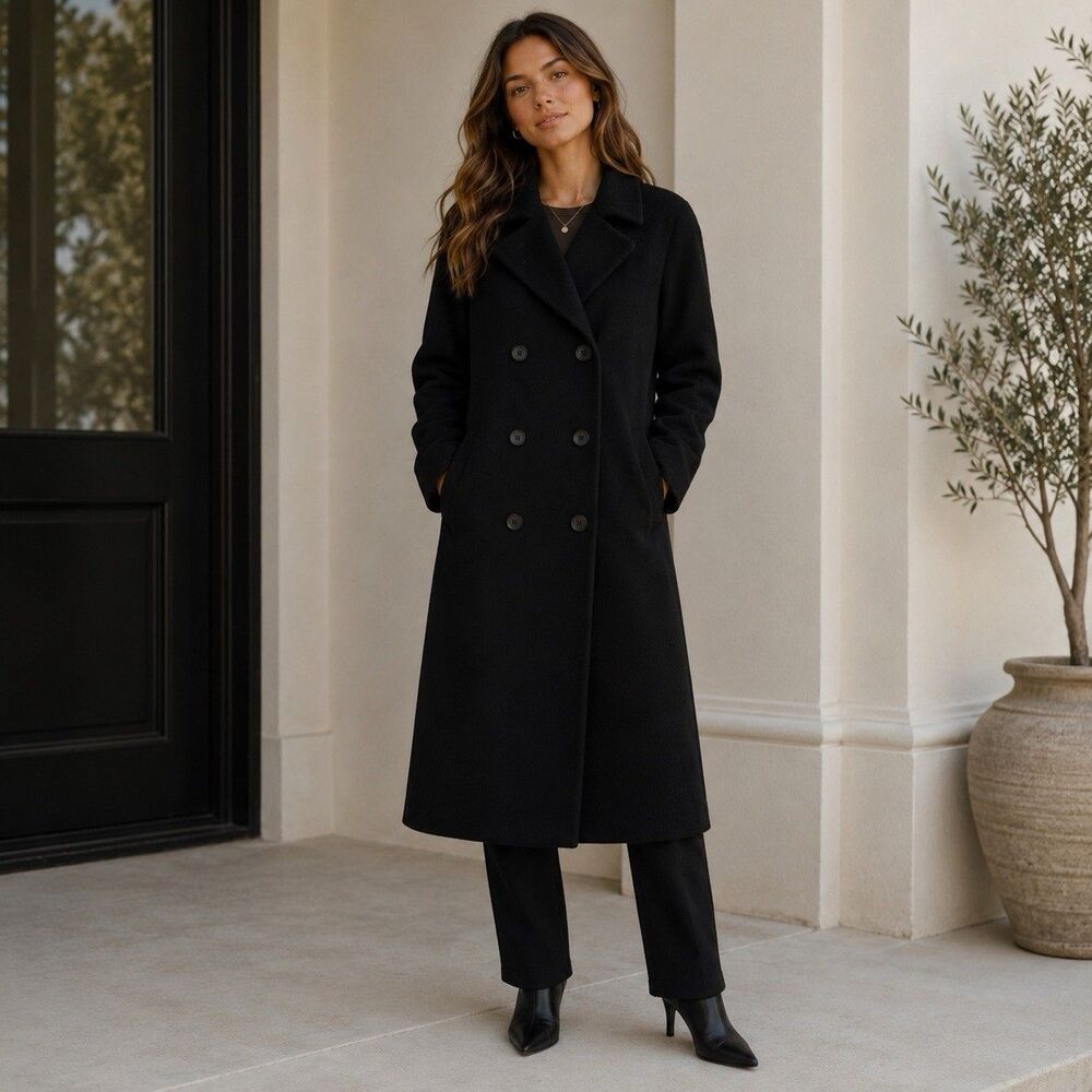 John Weitz Black Double Breasted Long Coat Cashmere Wool Old Money Classic Sz 6P